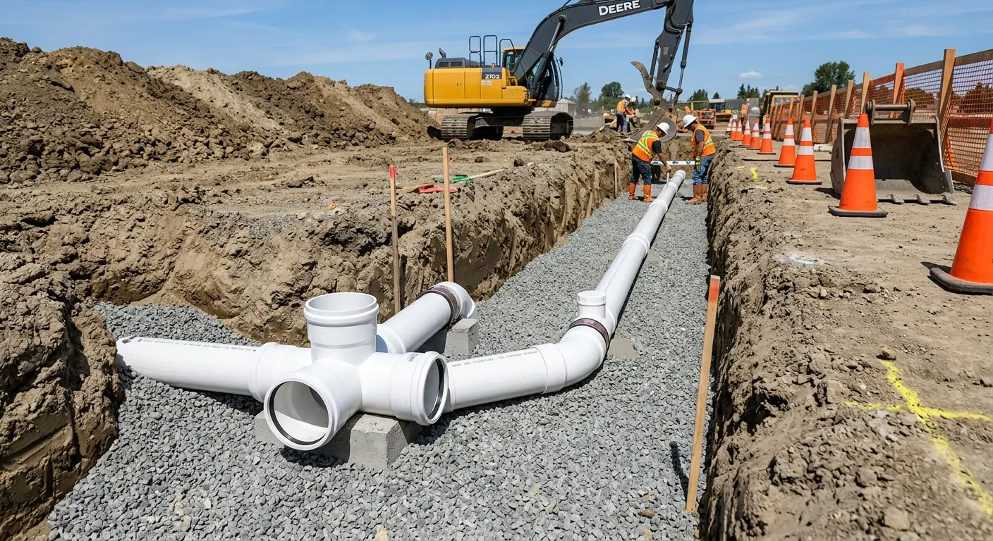 New PVC sewer pipe installation in open trench for Sewer Backup in Williamsburg