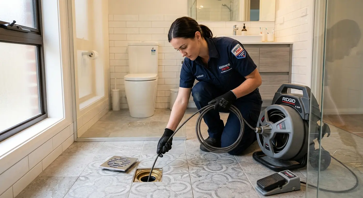 Technician clearing a bathroom floor drain for Hydro Jetting in Williamsburg